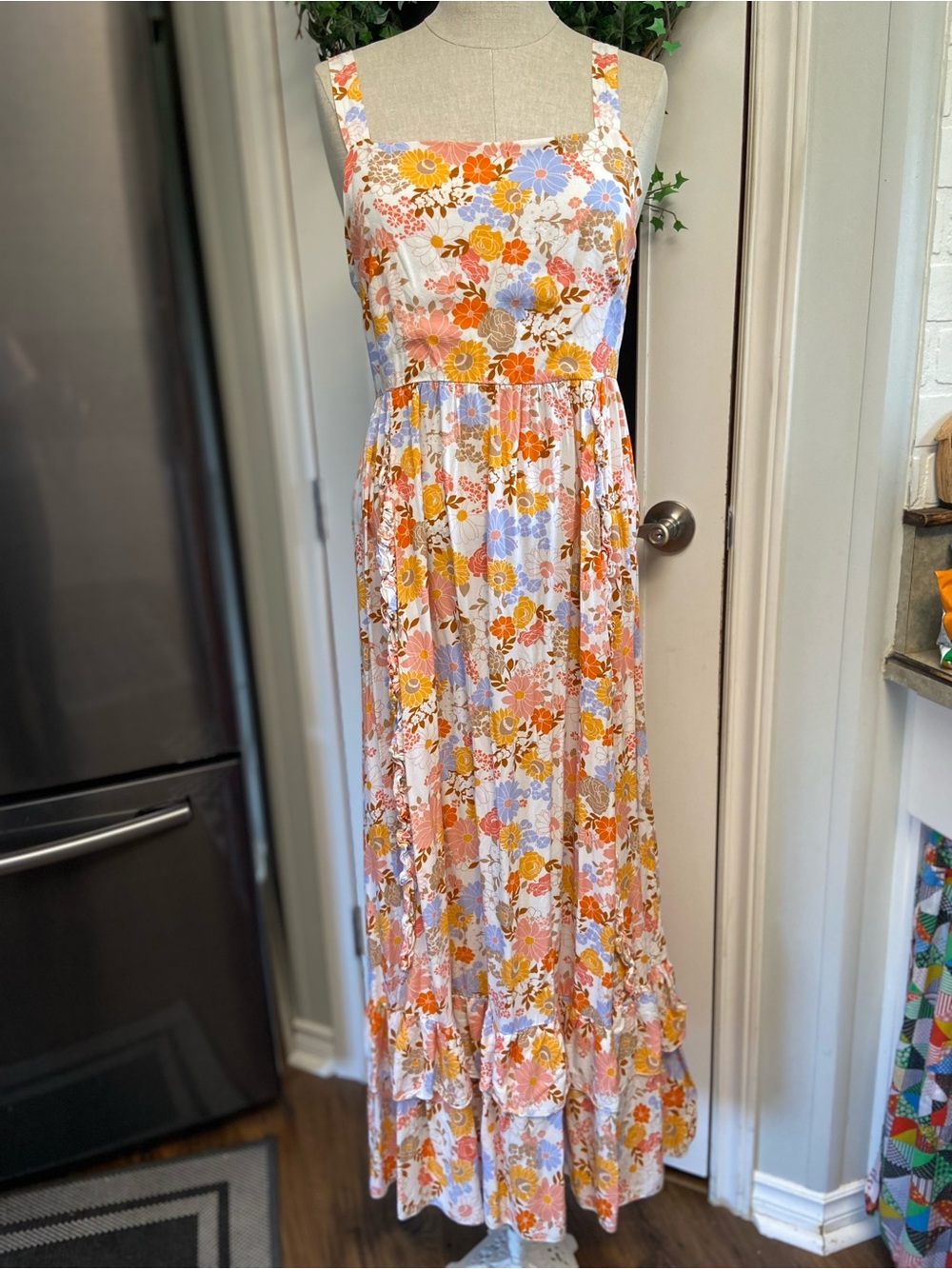 Abel The Label Anthropologie Autumn Tone Floral Tie Back Maxi Dress 1970s Vibes
